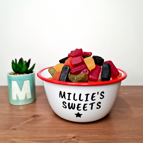 Personalised Sweets Red Enamel Bowl - Mugged Write Off Limited